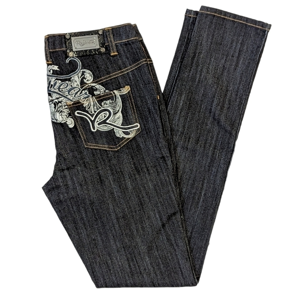 Rocawear Y2K Silver Embroidered Straight Leg Jeans Streetwear Size 7